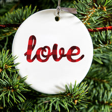 DistinctInk® Hanging Ceramic Christmas Tree Ornament with Gold String - Great Gift / Present - 2 3/4 inch Diameter - Buffalo Love - Red Black Plaid