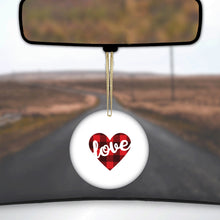DistinctInk® Hanging Ceramic Christmas Tree Ornament with Gold String - Great Gift / Present - 2 3/4 inch Diameter - Buffalo Love Heart - Red Black Plaid