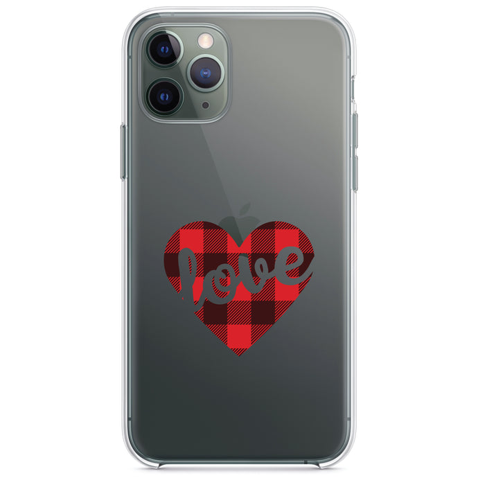 DistinctInk® Clear Shockproof Hybrid Case for Apple iPhone / Samsung Galaxy / Google Pixel - Buffalo Love Heart - Red Black Plaid
