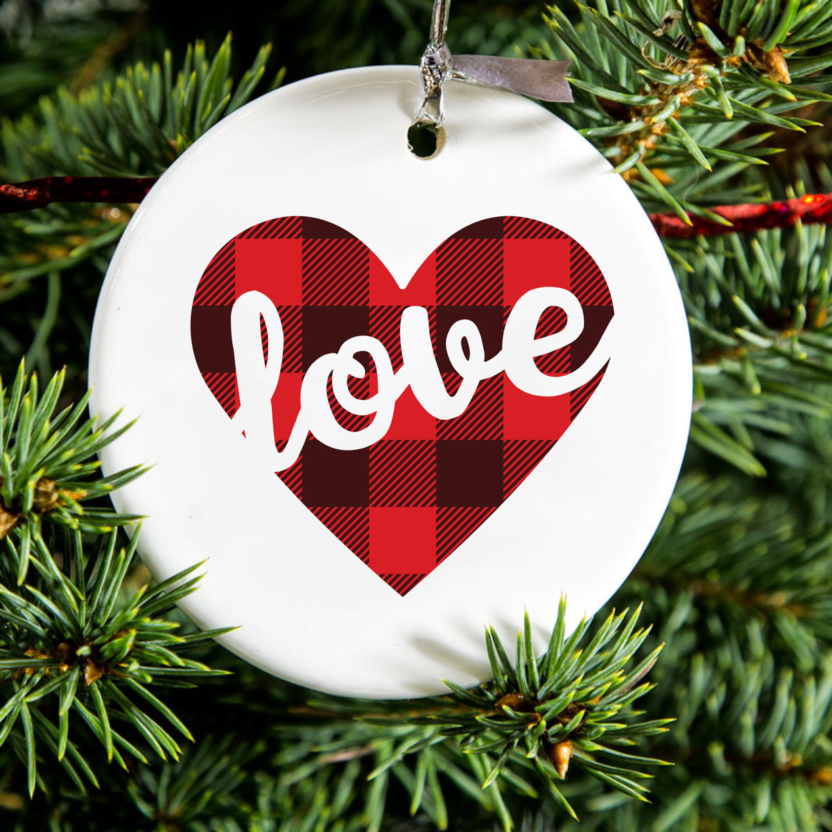 Red Black Plaid Ceramic Ornament, view 2