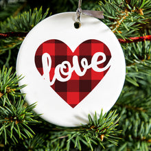DistinctInk® Hanging Ceramic Christmas Tree Ornament with Gold String - Great Gift / Present - 2 3/4 inch Diameter - Buffalo Love Heart - Red Black Plaid