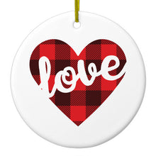DistinctInk® Hanging Ceramic Christmas Tree Ornament with Gold String - Great Gift / Present - 2 3/4 inch Diameter - Buffalo Love Heart - Red Black Plaid