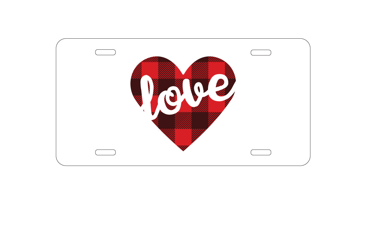 DistinctInk Custom Aluminum Decorative Vanity Front License Plate - Buffalo Love Heart - Red Black Plaid