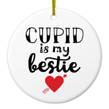 DistinctInk® Hanging Ceramic Christmas Tree Ornament with Gold String - Great Gift / Present - 2 3/4 inch Diameter - Cupid is My Bestie - Heart - Valentine