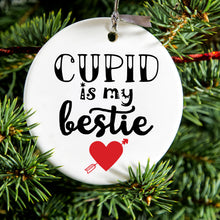 DistinctInk® Hanging Ceramic Christmas Tree Ornament with Gold String - Great Gift / Present - 2 3/4 inch Diameter - Cupid is My Bestie - Heart - Valentine