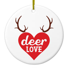 DistinctInk® Hanging Ceramic Christmas Tree Ornament with Gold String - Great Gift / Present - 2 3/4 inch Diameter - Deer Love - Red Antlers