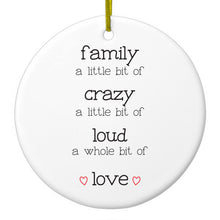 DistinctInk® Hanging Ceramic Christmas Tree Ornament with Gold String - Great Gift / Present - 2 3/4 inch Diameter - Family Crazy Loud Love Hearts