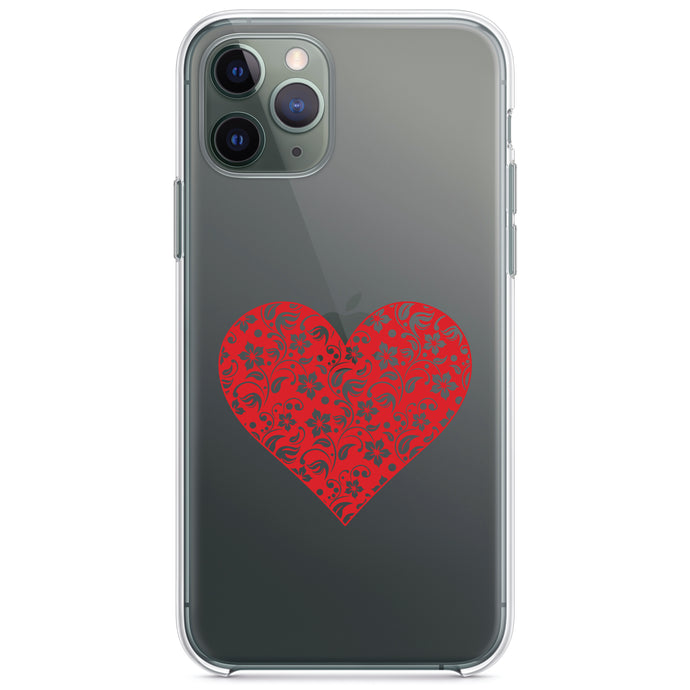 DistinctInk® Clear Shockproof Hybrid Case for Apple iPhone / Samsung Galaxy / Google Pixel - Red Floral Heart Clear