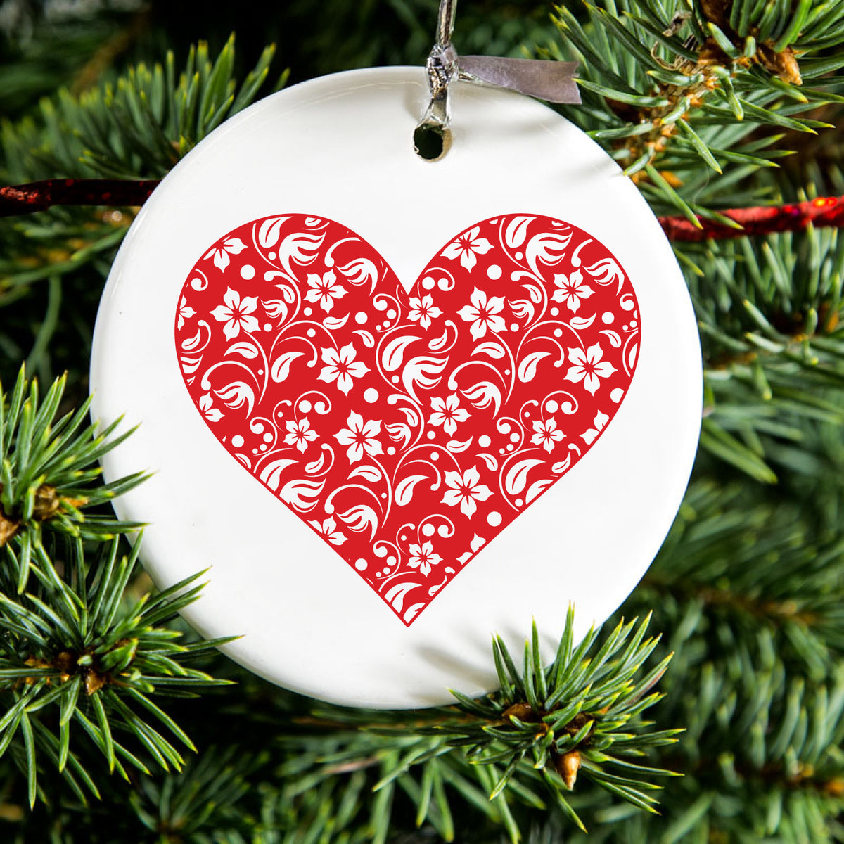 Red Floral Heart Clear Ceramic Ornament, view 2