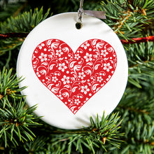 DistinctInk® Hanging Ceramic Christmas Tree Ornament with Gold String - Great Gift / Present - 2 3/4 inch Diameter - Red Floral Heart Clear