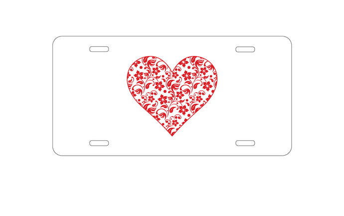 DistinctInk Custom Aluminum Decorative Vanity Front License Plate - Clear Red Floral Heart