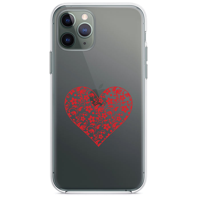 DistinctInk® Clear Shockproof Hybrid Case for Apple iPhone / Samsung Galaxy / Google Pixel - Clear Red Floral Heart