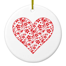 DistinctInk® Hanging Ceramic Christmas Tree Ornament with Gold String - Great Gift / Present - 2 3/4 inch Diameter - Clear Red Floral Heart