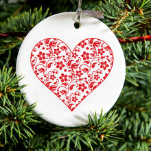 DistinctInk® Hanging Ceramic Christmas Tree Ornament with Gold String - Great Gift / Present - 2 3/4 inch Diameter - Clear Red Floral Heart