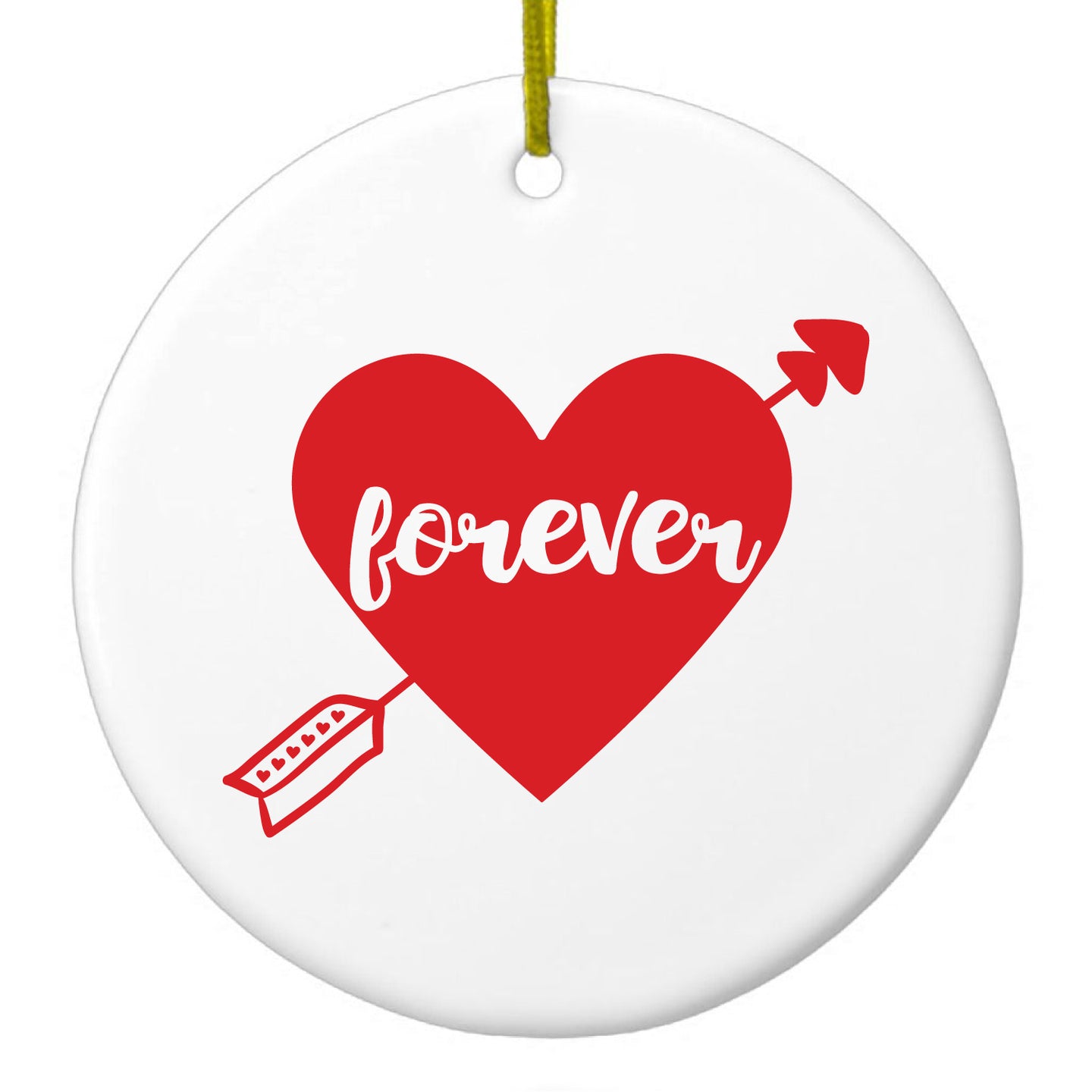 DistinctInk® Hanging Ceramic Christmas Tree Ornament with Gold String - Great Gift / Present - 2 3/4 inch Diameter - Heart Arrow Forever Valentine