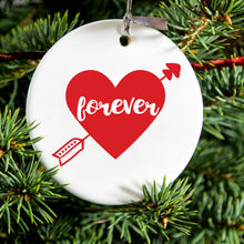 DistinctInk® Hanging Ceramic Christmas Tree Ornament with Gold String - Great Gift / Present - 2 3/4 inch Diameter - Heart Arrow Forever Valentine