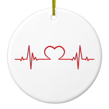 DistinctInk® Hanging Ceramic Christmas Tree Ornament with Gold String - Great Gift / Present - 2 3/4 inch Diameter - Heart Pulse EKG Red Valentine