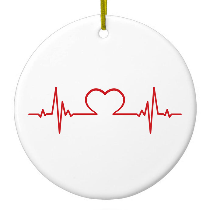 DistinctInk® Hanging Ceramic Christmas Tree Ornament with Gold String - Great Gift / Present - 2 3/4 inch Diameter - Heart Pulse EKG Red Valentine