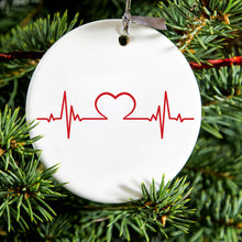 DistinctInk® Hanging Ceramic Christmas Tree Ornament with Gold String - Great Gift / Present - 2 3/4 inch Diameter - Heart Pulse EKG Red Valentine