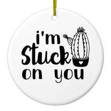 DistinctInk® Hanging Ceramic Christmas Tree Ornament with Gold String - Great Gift / Present - 2 3/4 inch Diameter - I'm Stuck On You Cactus