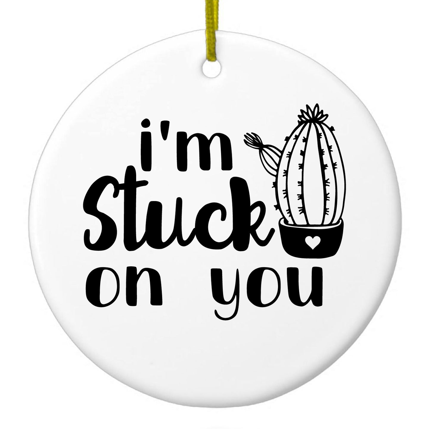 DistinctInk® Hanging Ceramic Christmas Tree Ornament with Gold String - Great Gift / Present - 2 3/4 inch Diameter - I'm Stuck On You Cactus