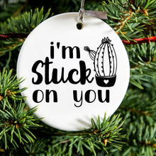 DistinctInk® Hanging Ceramic Christmas Tree Ornament with Gold String - Great Gift / Present - 2 3/4 inch Diameter - I'm Stuck On You Cactus