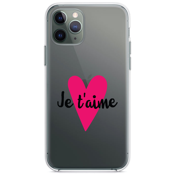 DistinctInk® Clear Shockproof Hybrid Case for Apple iPhone / Samsung Galaxy / Google Pixel - Je T'Aime - Pink Heart