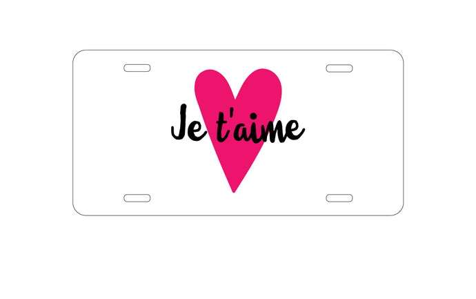 DistinctInk Custom Aluminum Decorative Vanity Front License Plate - Je T'Aime - Pink Heart