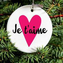 DistinctInk® Hanging Ceramic Christmas Tree Ornament with Gold String - Great Gift / Present - 2 3/4 inch Diameter - Je T'Aime - Pink Heart
