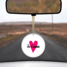DistinctInk® Hanging Ceramic Christmas Tree Ornament with Gold String - Great Gift / Present - 2 3/4 inch Diameter - Je T'Aime - Pink Heart