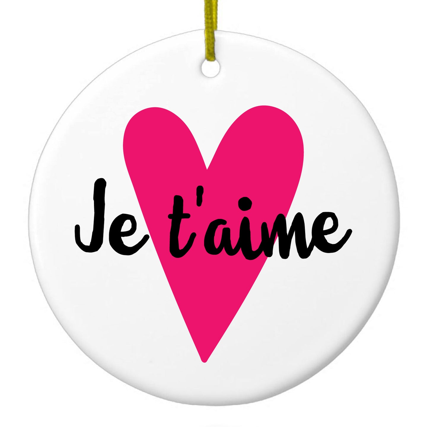 DistinctInk® Hanging Ceramic Christmas Tree Ornament with Gold String - Great Gift / Present - 2 3/4 inch Diameter - Je T'Aime - Pink Heart
