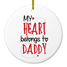 DistinctInk® Hanging Ceramic Christmas Tree Ornament with Gold String - Great Gift / Present - 2 3/4 inch Diameter - My Heart Belongs to Daddy