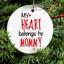 DistinctInk® Hanging Ceramic Christmas Tree Ornament with Gold String - Great Gift / Present - 2 3/4 inch Diameter - My Heart Belongs to Mommy