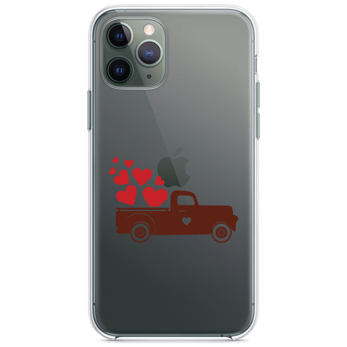 DistinctInk® Clear Shockproof Hybrid Case for Apple iPhone / Samsung Galaxy / Google Pixel - Valentine Truck Red Hearts