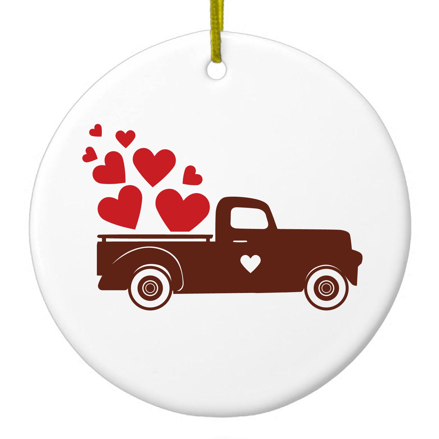 DistinctInk® Hanging Ceramic Christmas Tree Ornament with Gold String - Great Gift / Present - 2 3/4 inch Diameter - Valentine Truck Red Hearts