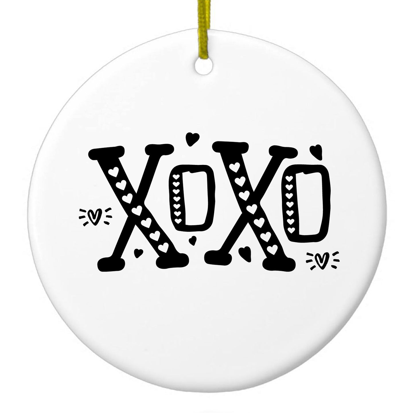 DistinctInk® Hanging Ceramic Christmas Tree Ornament with Gold String - Great Gift / Present - 2 3/4 inch Diameter - XOXO Black Hearts Valentine