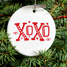 DistinctInk® Hanging Ceramic Christmas Tree Ornament with Gold String - Great Gift / Present - 2 3/4 inch Diameter - XOXO Red Hearts Valentine