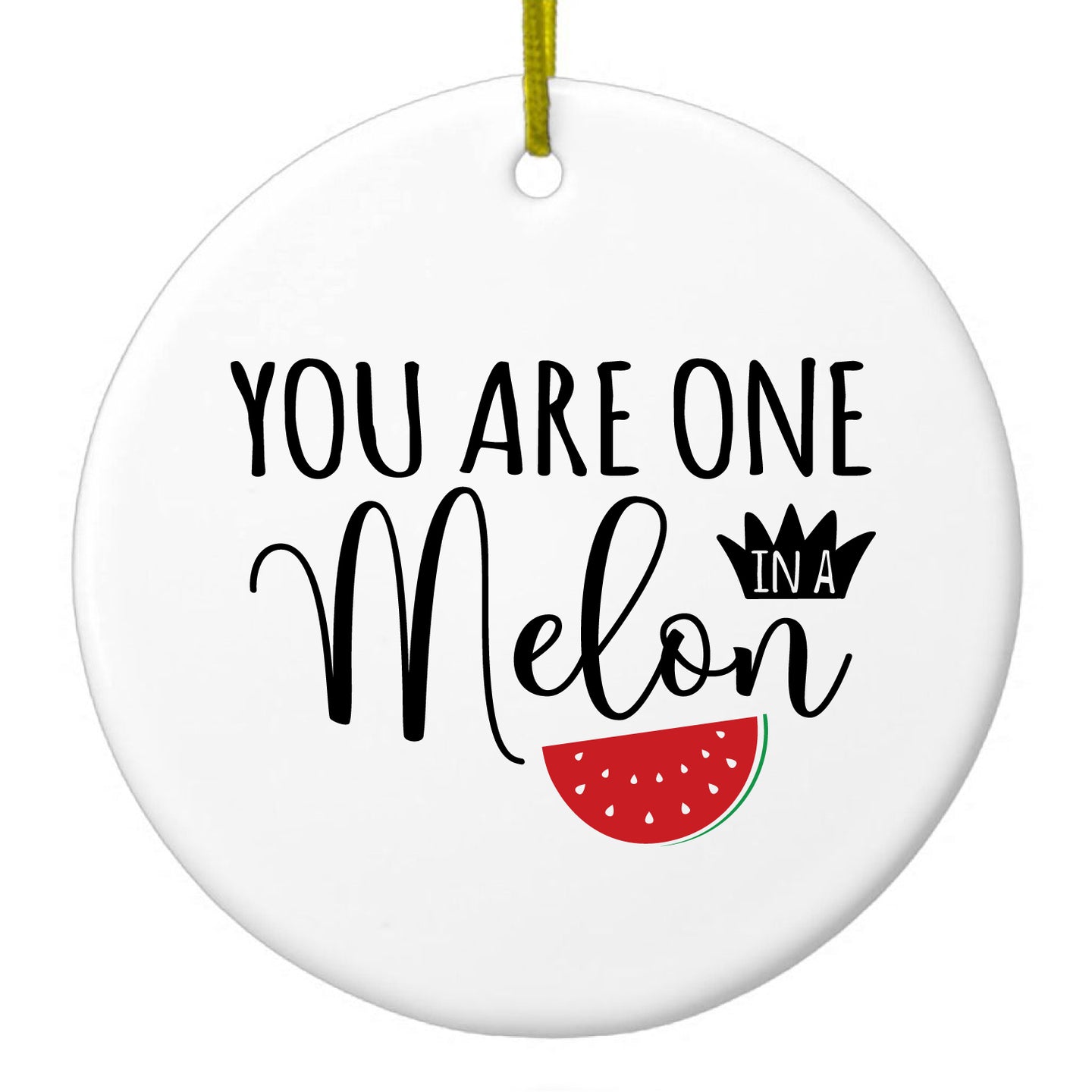 DistinctInk® Hanging Ceramic Christmas Tree Ornament with Gold String - Great Gift / Present - 2 3/4 inch Diameter - You Are One in a Melon Watermelon