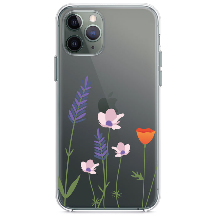 DistinctInk® Clear Shockproof Hybrid Case for Apple iPhone / Samsung Galaxy / Google Pixel - Wildflowers Blue Purple Pink