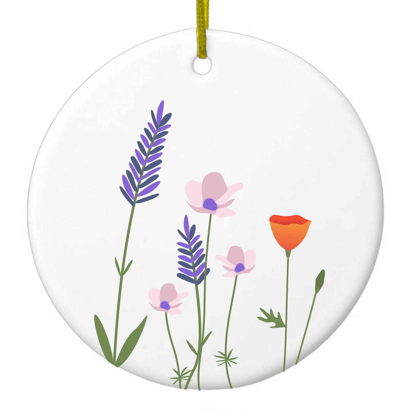 DistinctInk® Hanging Ceramic Christmas Tree Ornament with Gold String - Great Gift / Present - 2 3/4 inch Diameter - Wildflowers Blue Purple Pink