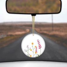 DistinctInk® Hanging Ceramic Christmas Tree Ornament with Gold String - Great Gift / Present - 2 3/4 inch Diameter - Wildflowers Yellow Pink Purple