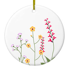 DistinctInk® Hanging Ceramic Christmas Tree Ornament with Gold String - Great Gift / Present - 2 3/4 inch Diameter - Wildflowers Yellow Pink Purple