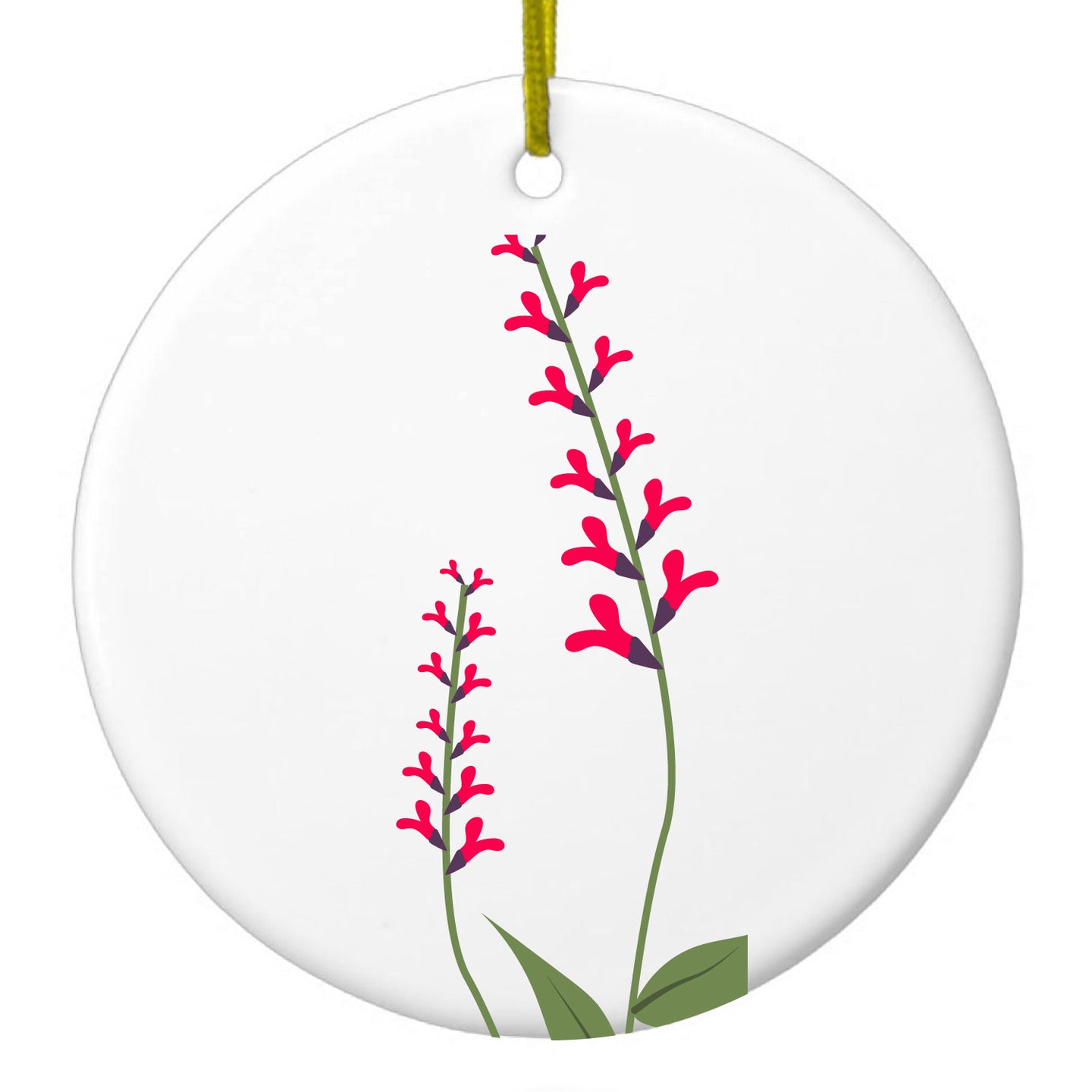 DistinctInk® Hanging Ceramic Christmas Tree Ornament with Gold String - Great Gift / Present - 2 3/4 inch Diameter - Wildflowers Hot Pink