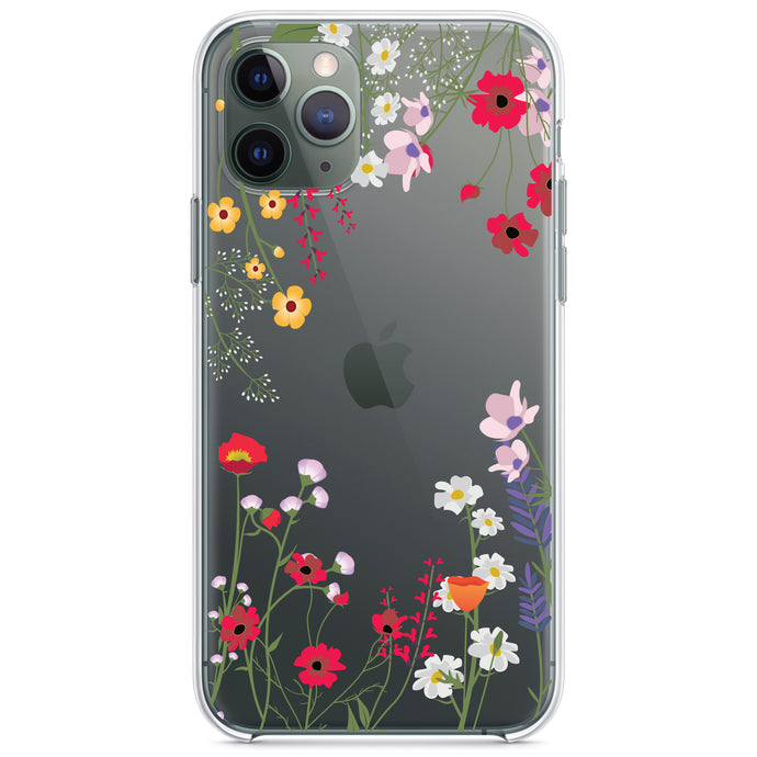 DistinctInk® Clear Shockproof Hybrid Case for Apple iPhone / Samsung Galaxy / Google Pixel - Wildflowers Border Blue Pink Purple