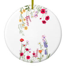 DistinctInk® Hanging Ceramic Christmas Tree Ornament with Gold String - Great Gift / Present - 2 3/4 inch Diameter - Wildflowers Border Blue Pink Purple