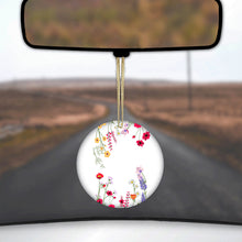 DistinctInk® Hanging Ceramic Christmas Tree Ornament with Gold String - Great Gift / Present - 2 3/4 inch Diameter - Wildflowers Border Blue Pink Purple
