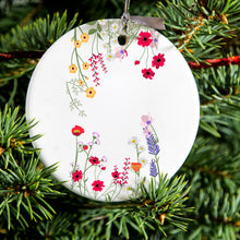 DistinctInk® Hanging Ceramic Christmas Tree Ornament with Gold String - Great Gift / Present - 2 3/4 inch Diameter - Wildflowers Border Blue Pink Purple