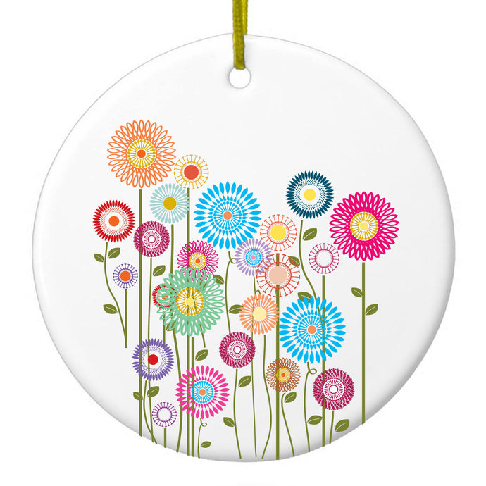 Cartoon Wildflowers Stems Leaves Ceramic Ornament