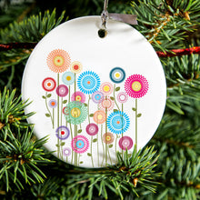 DistinctInk® Hanging Ceramic Christmas Tree Ornament with Gold String - Great Gift / Present - 2 3/4 inch Diameter - Cartoon Wildflowers Stems Leaves