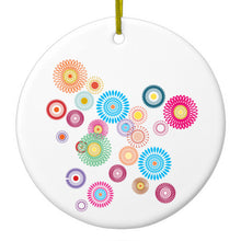 DistinctInk® Hanging Ceramic Christmas Tree Ornament with Gold String - Great Gift / Present - 2 3/4 inch Diameter - Cartoon Wildflowers Rainbow Colors